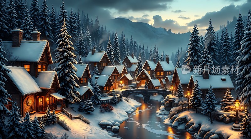 雪夜村庄温馨宁静