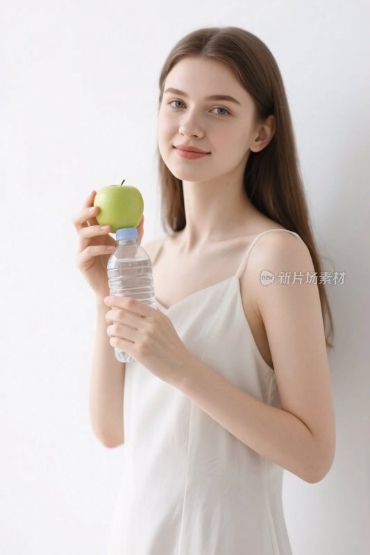 女性手持苹果与水瓶