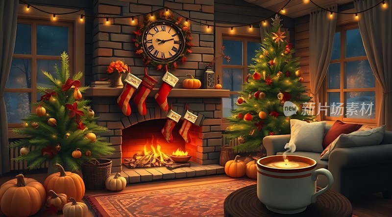 温馨圣诞夜壁炉旁的温暖时光