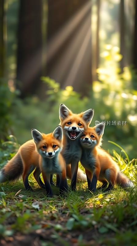阳光下的三只小狐狸