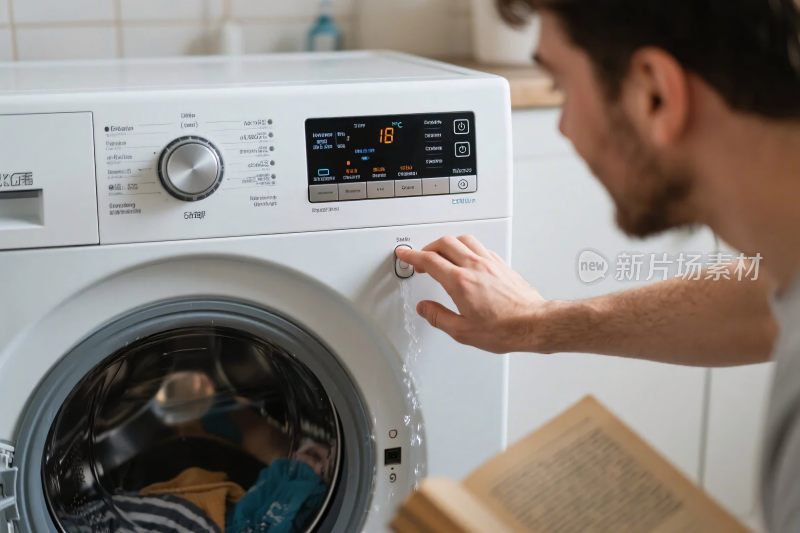 男子操作洗衣机的家庭场景