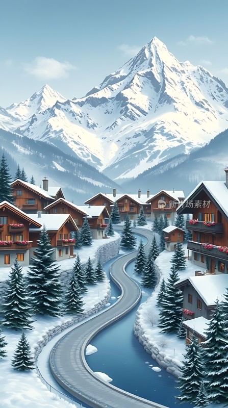 雪山下的雪村小路