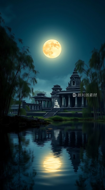 月下古寺静卧湖畔