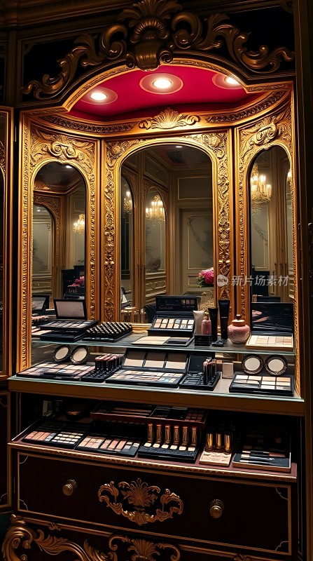 金色镜框化妆台上的化妆品展示