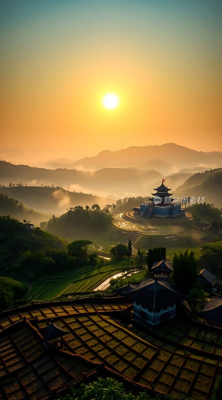 晨曦中的茶园古寺