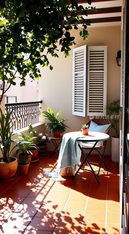 阳光午后绿意盎然的小阳台休闲时光