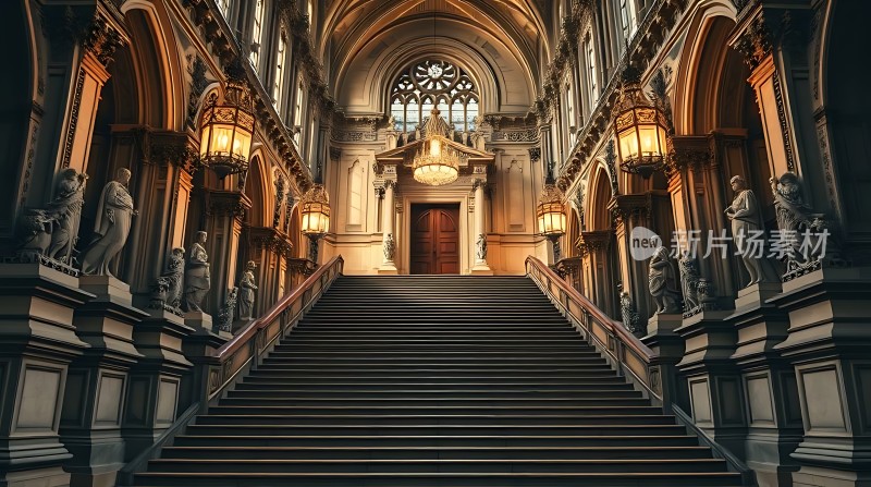 宏伟教堂内部精美雕像与华丽楼梯