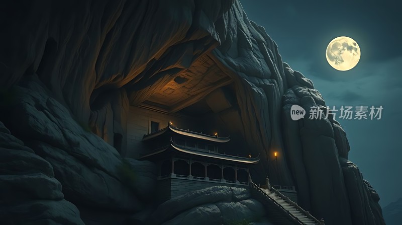 山洞古寺夜月图