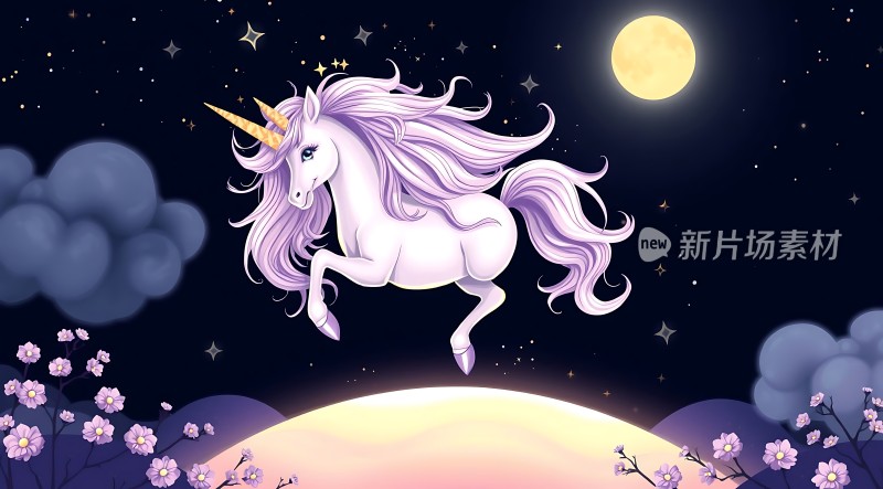 紫色独角兽夜空飞行