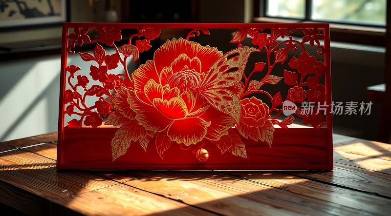 红色剪纸艺术作品展现花卉和蝴蝶图案寓意吉祥美好