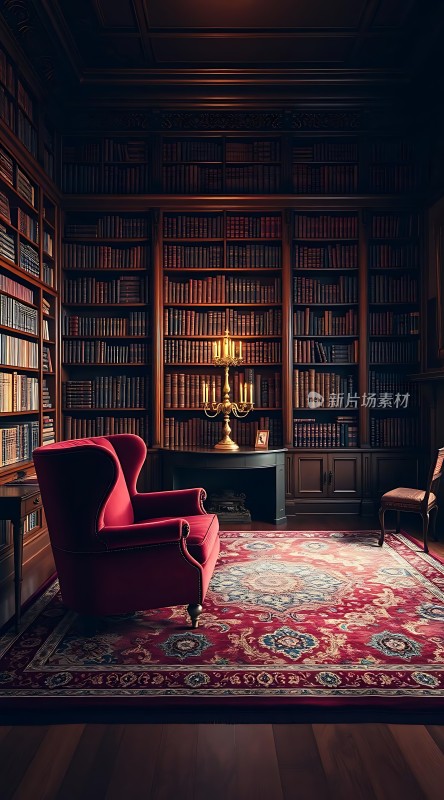 书房一角红椅书架与地毯相映成趣