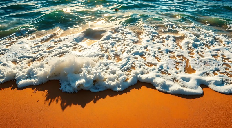 阳光下的海浪轻拍沙滩