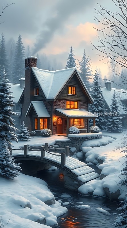 雪夜小屋温馨宁静
