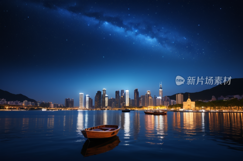 夜景城市水中一艘船高清背景纹理图片