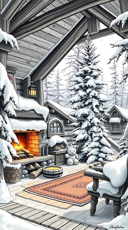 雪夜小木屋温馨 fireplace