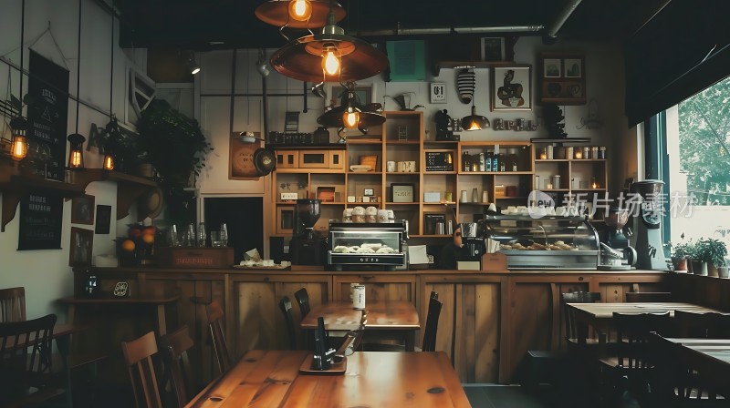 温馨咖啡店木制家具与绿植点缀营造舒适氛围