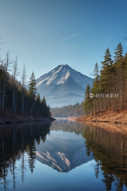 山倒映在湖中湖中树木高山清风景插图片