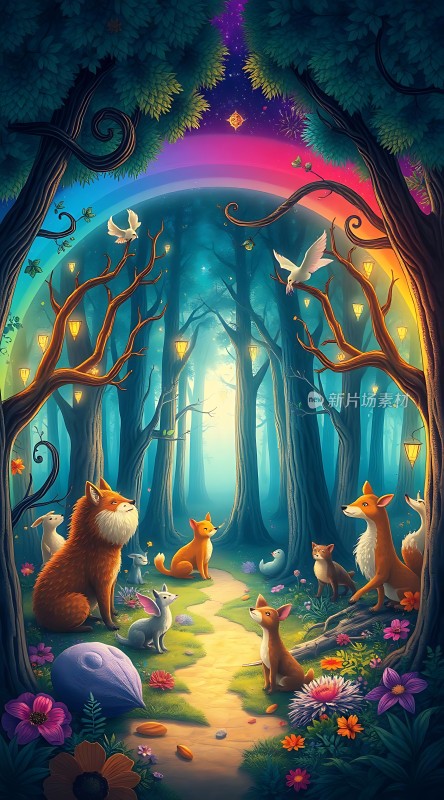 森林秘境狐狸与彩虹