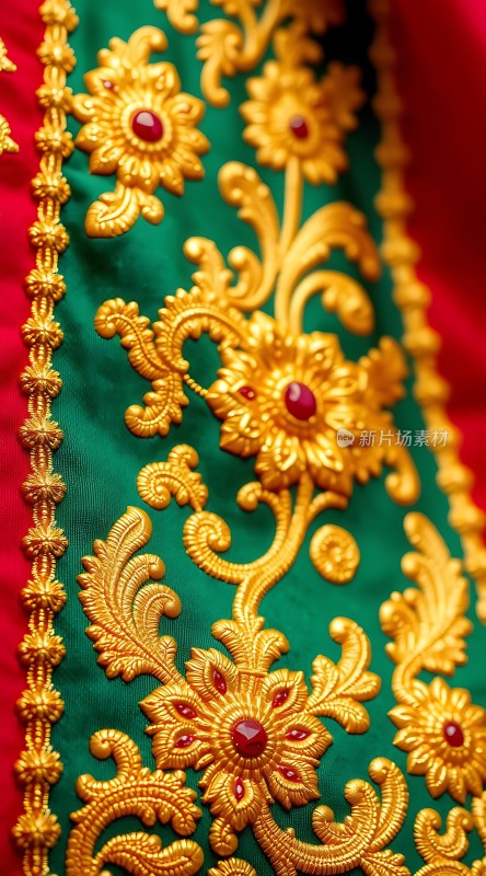 金色刺绣与红色宝石装饰的华丽服饰细节