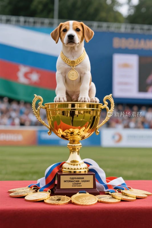 小狗站在金色奖杯上