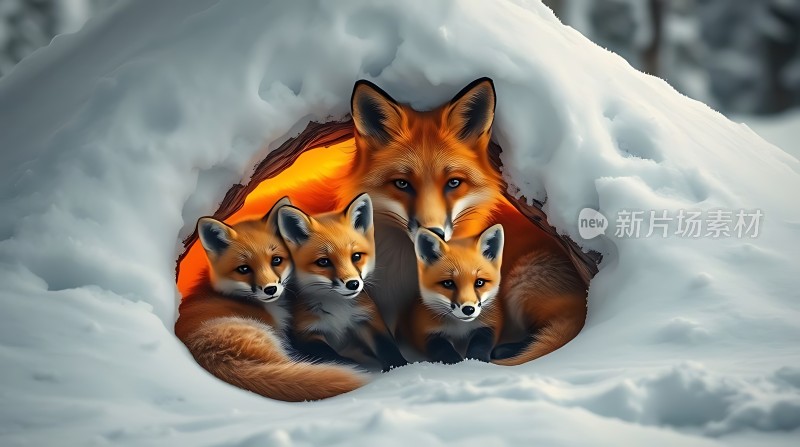 雪地里的狐狸一家