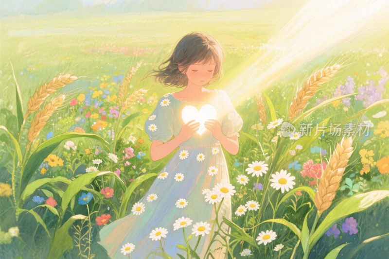 花丛女孩阳光插画