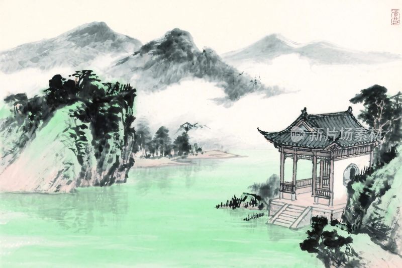 山水古亭水墨画