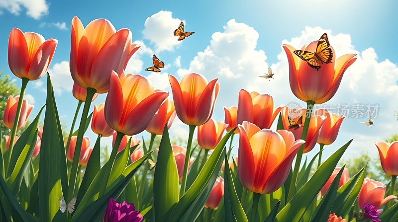阳光下的郁金香与蝴蝶