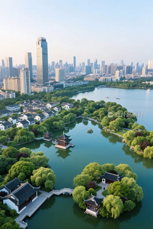 现代城市古建湖泊景观