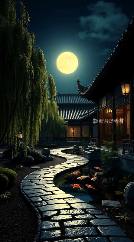 月下古院柳影婆娑小桥流水鱼戏水波