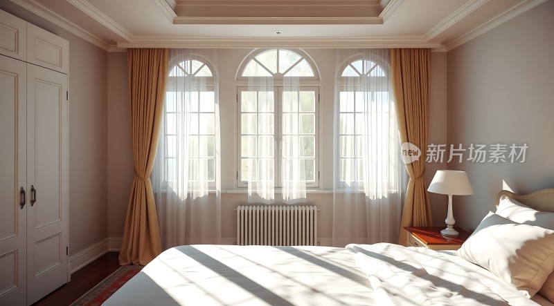 阳光洒满温馨卧室舒适床铺与优雅窗帘相得益彰