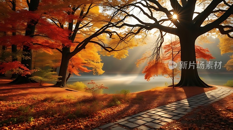 秋日暖阳下的宁静湖畔小径