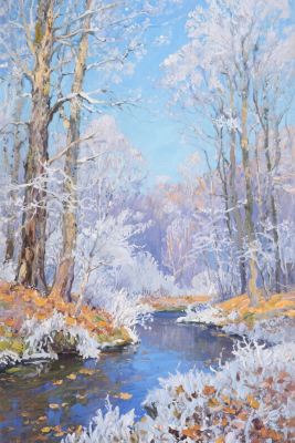 冬日溪流雪景画 冬日溪流雪景画