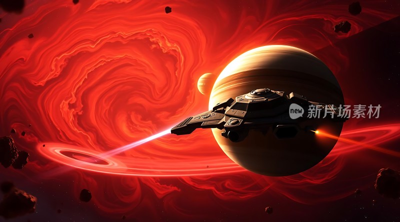 星际探险红色星云与飞船