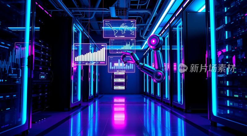 科技感十足的紫色服务器机房机器人操作数据图表