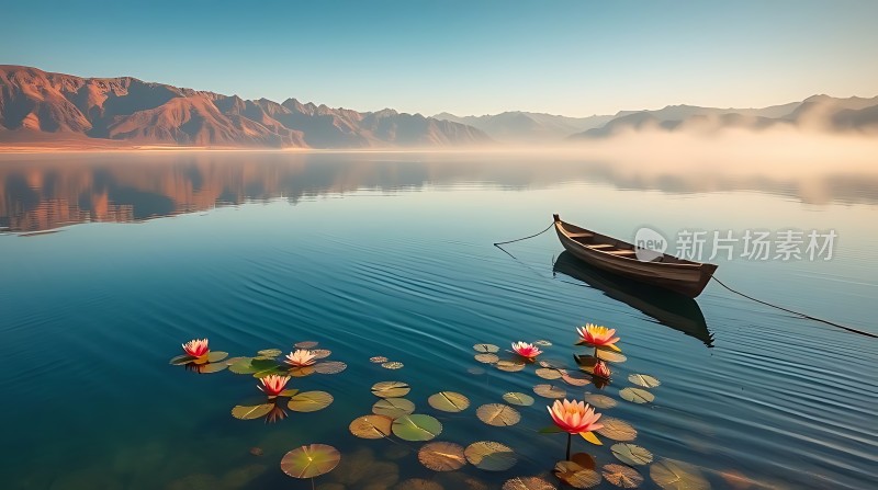 湖畔轻舟映山色荷花静卧水波间