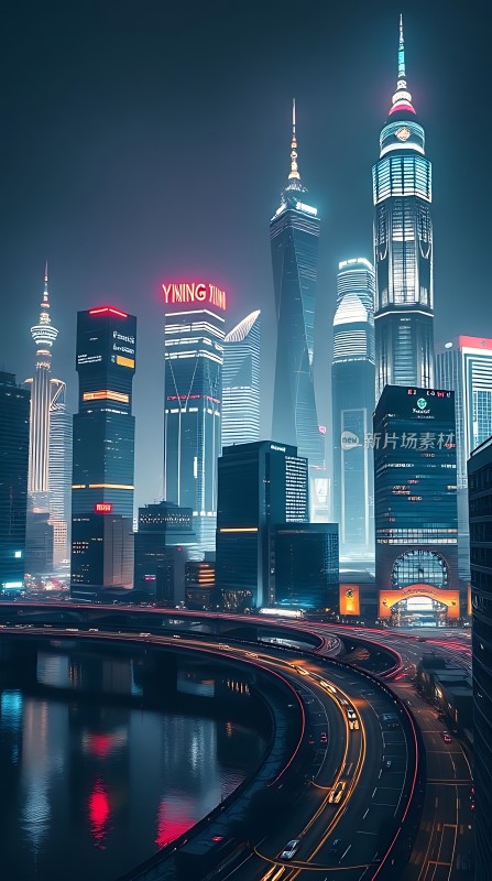 上海夜景黄浦江畔摩天大楼璀璨灯光