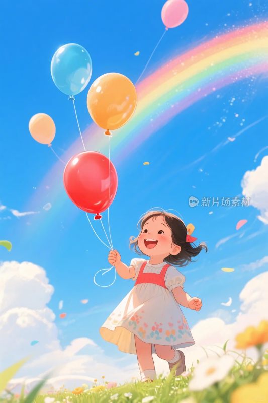 小女孩放飞彩色气球插画