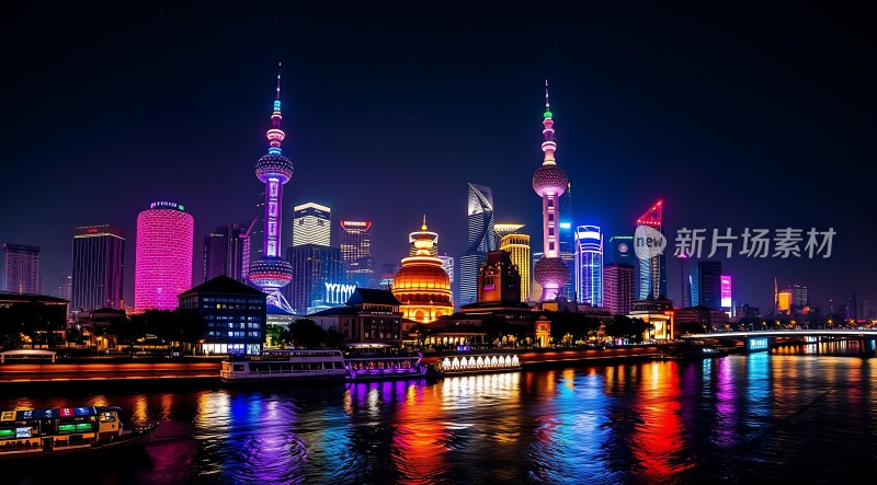 上海夜景灯光璀璨黄浦江畔繁华都市