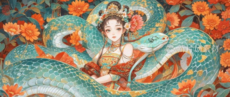 东方美学古风女子与龙神插画背景素材