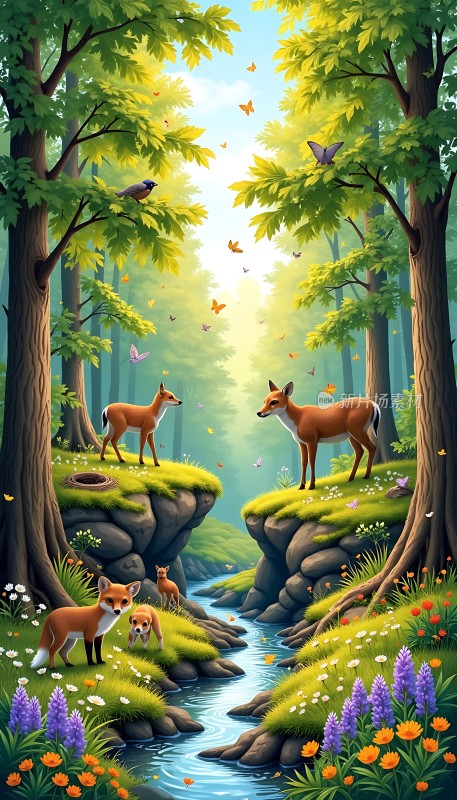 森林秘境鹿与狐狸的和谐世界