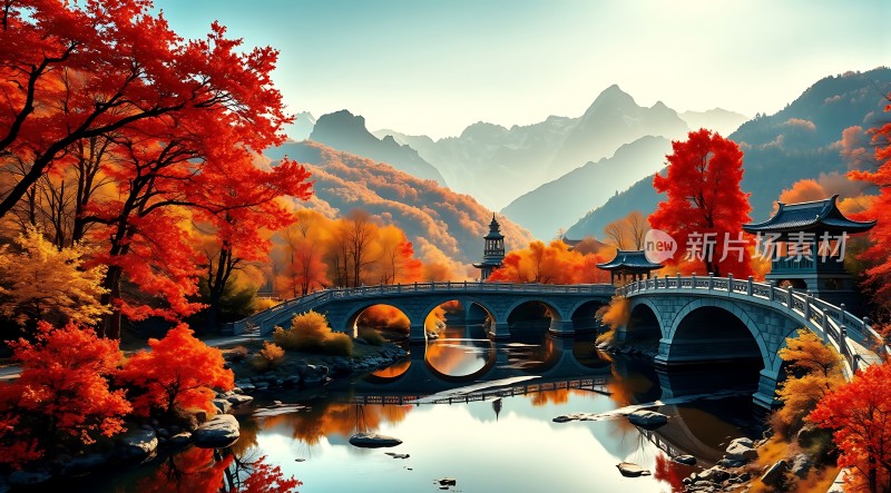 秋日红枫映古桥