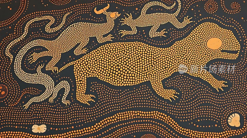 金色龙与牛神秘生物的点彩艺术