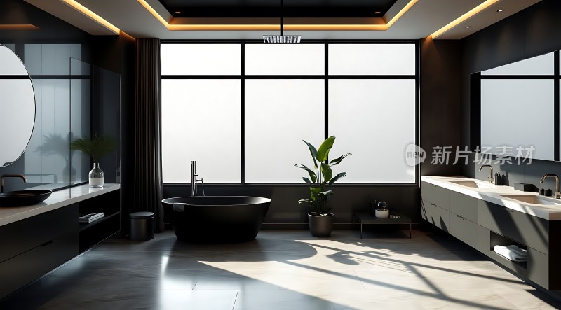 现代浴室设计简约风格大窗户植物装饰黑色浴缸双洗手台
