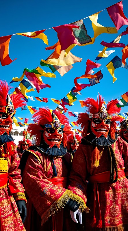 红色面具舞者色彩斑斓旗帜飘扬
