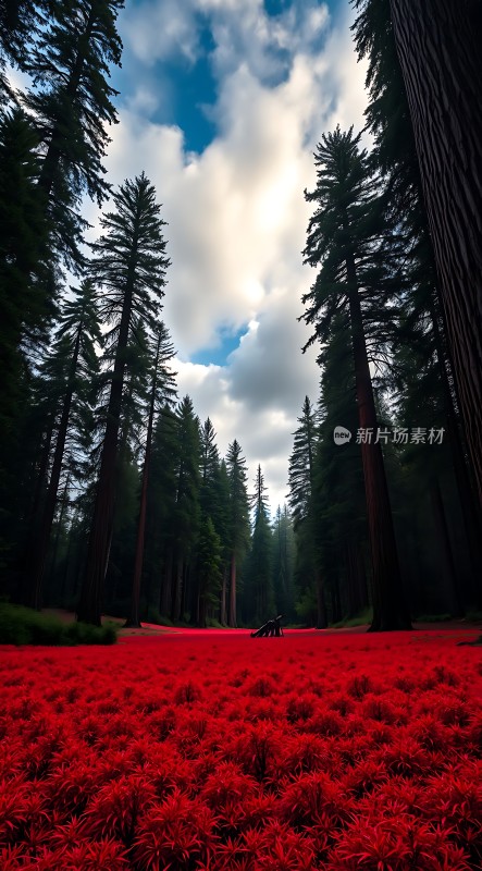 红色地毯铺满森林高耸入云的树木映衬下天空点缀着白云