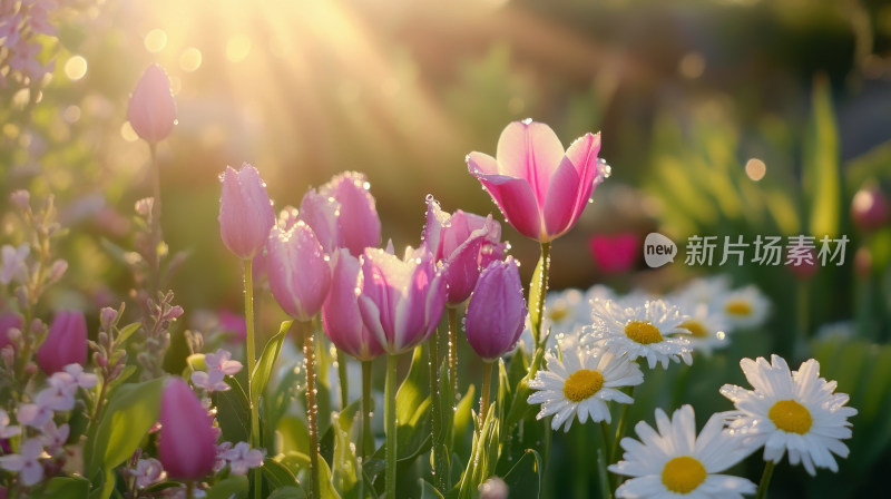春天春日晨曦中的郁金香小雏菊鲜花