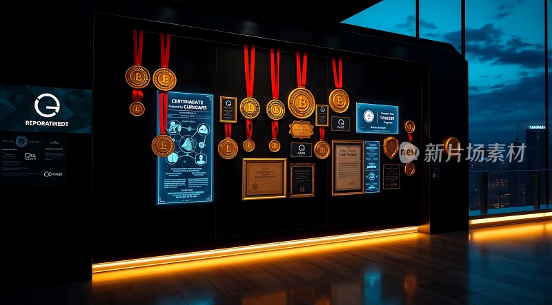 奖牌与证书展示墙彰显成就与荣誉