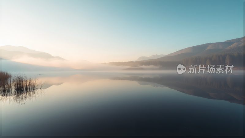 晨曦映照下的静谧湖面