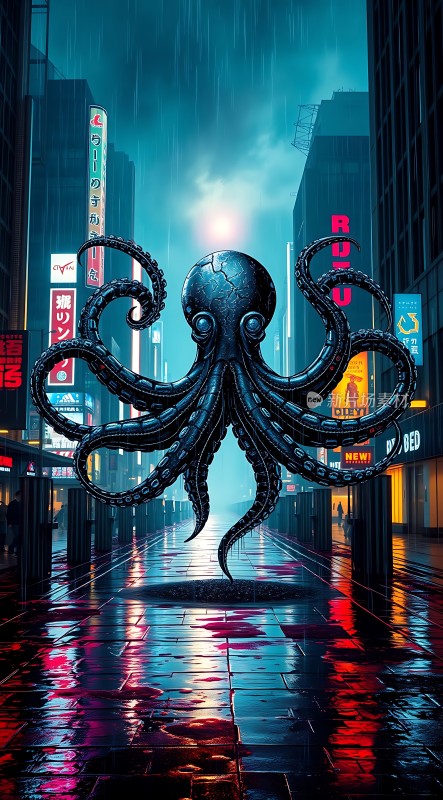 雨夜都市中的神秘章鱼